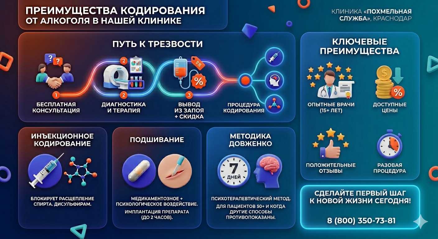 Инфографика о методах кодирования от алкоголя в Полярном: инъекции, подшивание, метод Довженко. Преимущества клиники и этапы лечения.