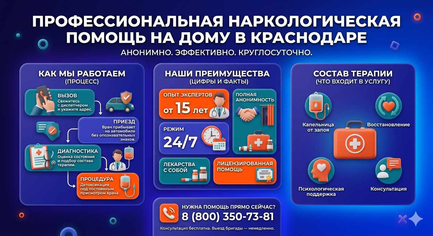 Инфографика о принципах лечения алкоголизма на дому в Полярном: этапы вызова нарколога, преимущества анонимной детоксикации и состав медицинской помощи.